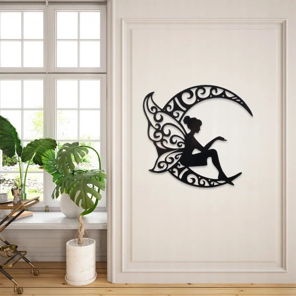 Fairy on Moon Wooden Wall Art – Enchanting Home Decor for Living Room, Bedroom, or Nursery